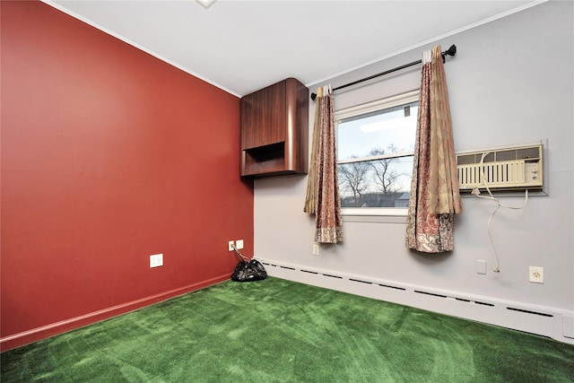 empty room featuring carpet, an AC wall unit, crown molding, and a baseboard radiator