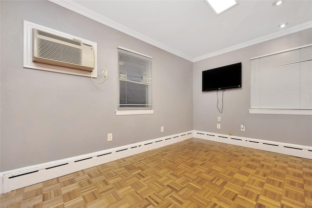 spare room featuring crown molding, light parquet floors, and a wall mounted air conditioner