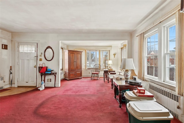 interior space with a healthy amount of sunlight, radiator, and carpet floors