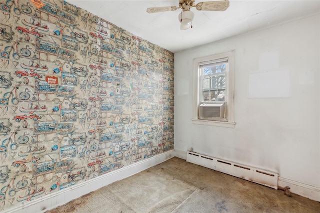 spare room with cooling unit, a baseboard radiator, carpet flooring, and ceiling fan