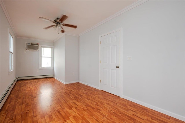 unfurnished room featuring light hardwood / wood-style floors, baseboard heating, a wall unit AC, and crown molding