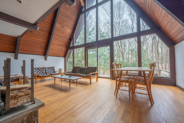 interior space featuring wood ceiling and vaulted ceiling with beams