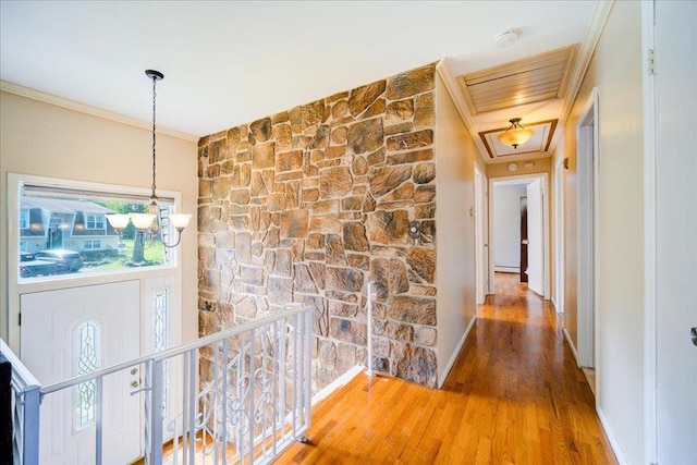 400 Philo St, New Windsor, NY 12553 - hall featuring wood finished floors, an upstairs landing, ornamental molding, a chandelier, and baseboards