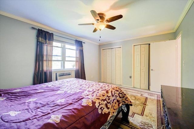 400 Philo St, New Windsor, NY 12553 - bedroom featuring two closets, crown molding, a ceiling fan, carpet floors, and cooling unit