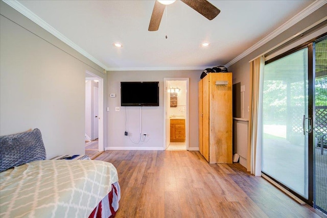 400 Philo St, New Windsor, NY 12553 - bedroom with access to exterior, light wood-style floors, crown molding, recessed lighting, and baseboards