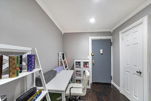 home office with ornamental molding and dark hardwood / wood-style floors