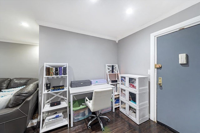 office space with crown molding and dark hardwood / wood-style floors