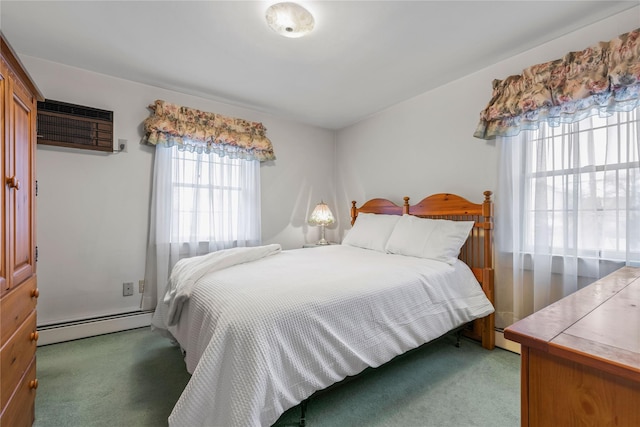 carpeted bedroom with a baseboard heating unit and a wall mounted air conditioner