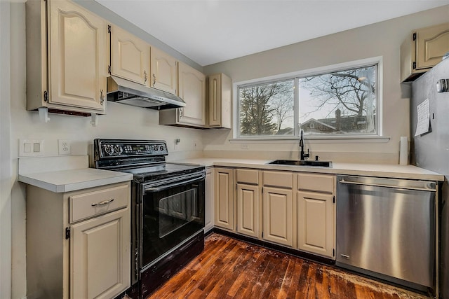 kitchen with black range with electric stovetop, dark hardwood / wood-style flooring, sink, and dishwasher