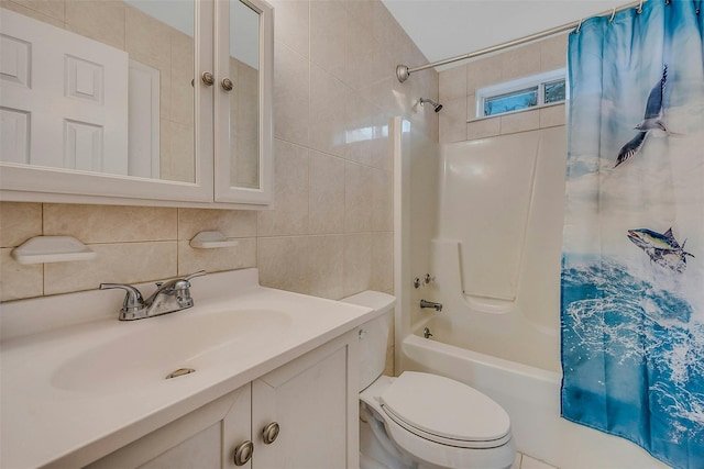 full bathroom with toilet, vanity, shower / bath combo with shower curtain, tile walls, and decorative backsplash