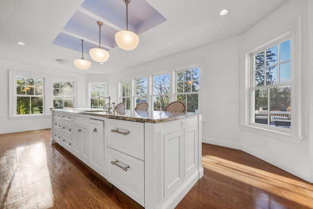 kitchen with stone counters, decorative light fixtures, white cabinetry, an island with sink, and sink