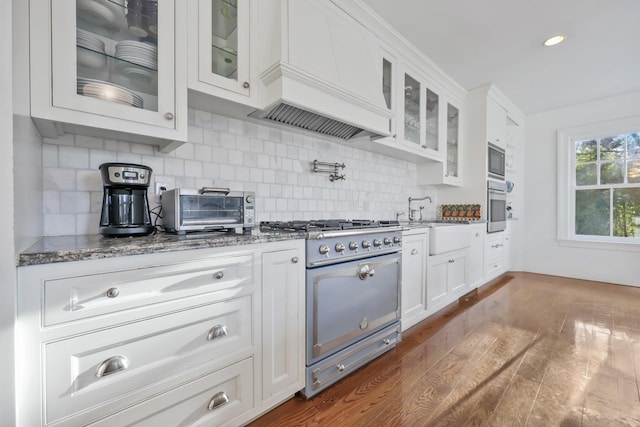 kitchen with white cabinetry, tasteful backsplash, dark hardwood / wood-style floors, and appliances with stainless steel finishes