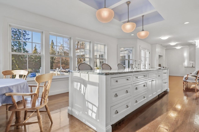 kitchen featuring stone counters, white cabinetry, a kitchen island with sink, and pendant lighting