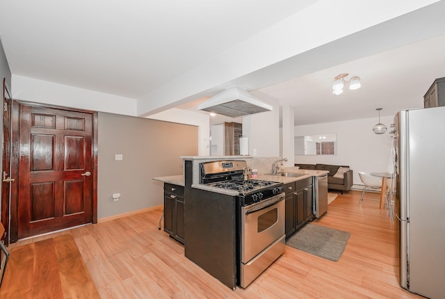 kitchen with pendant lighting, sink, light hardwood / wood-style floors, and appliances with stainless steel finishes