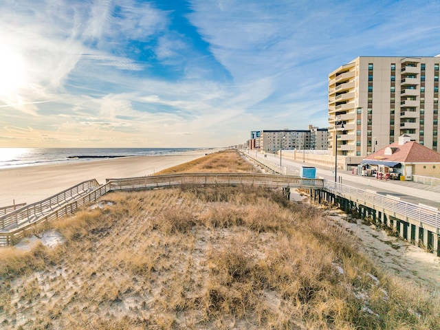 view of water feature featuring a beach view