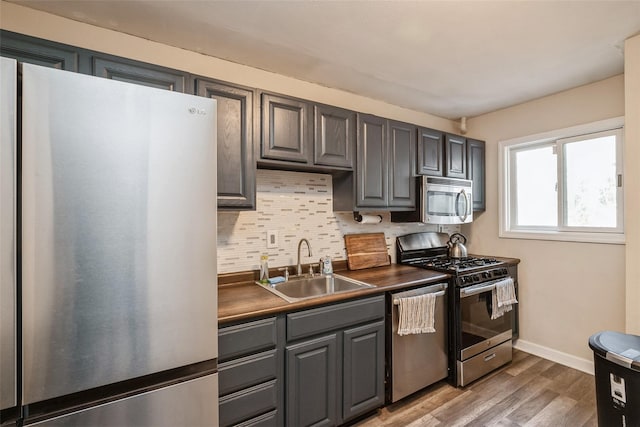 kitchen with stainless steel appliances, sink, decorative backsplash, and light hardwood / wood-style flooring