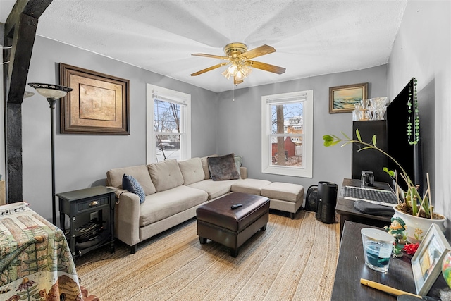 living room featuring a textured ceiling, ceiling fan, and light hardwood / wood-style floors