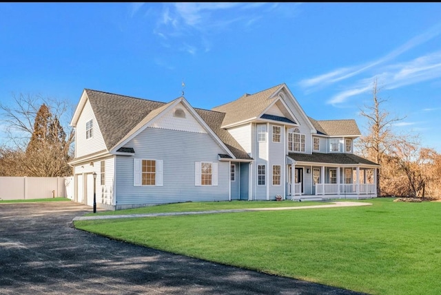 view of front facade with a porch, a front lawn, and a garage