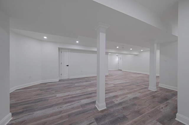 basement with wood-type flooring