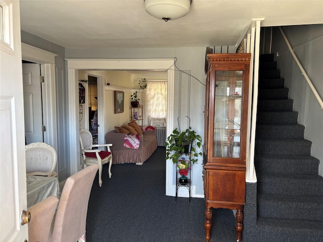 interior space with dark colored carpet