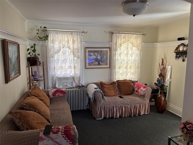 carpeted living room with radiator heating unit and ornamental molding