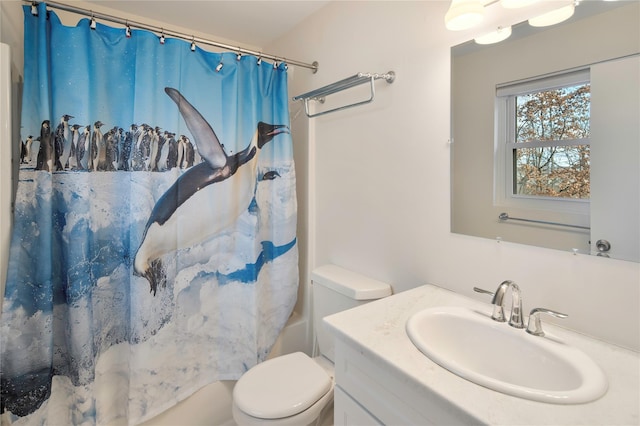 full bathroom featuring toilet, vanity, and shower / bathtub combination with curtain