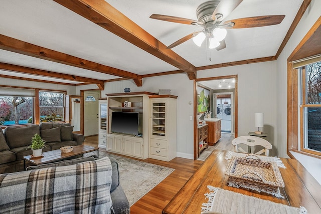 living room featuring light wood-type flooring, beam ceiling, ceiling fan, and washer and clothes dryer