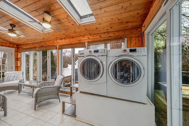 laundry room with wooden ceiling, a skylight, ceiling fan, and plenty of natural light