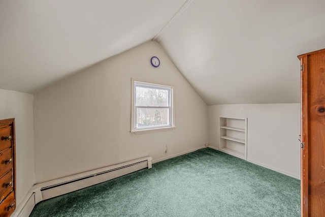 bonus room with lofted ceiling, carpet, baseboard heating, and built in shelves