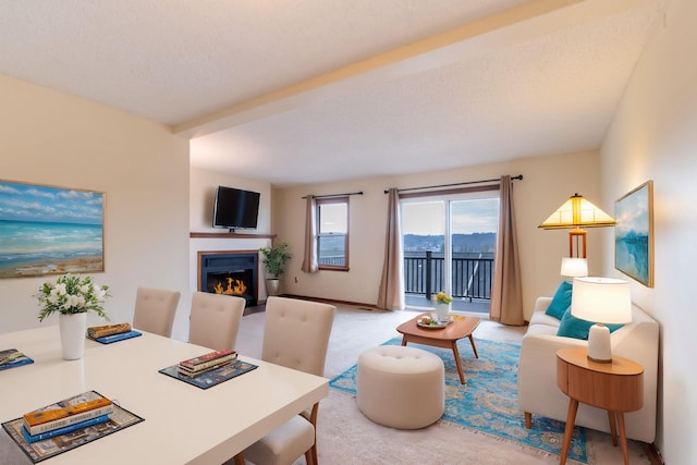 living room with a textured ceiling