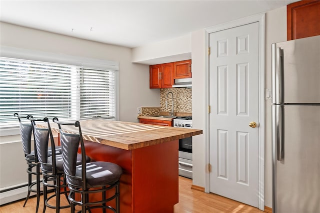 kitchen featuring sink, stainless steel appliances, light hardwood / wood-style floors, a kitchen bar, and decorative backsplash