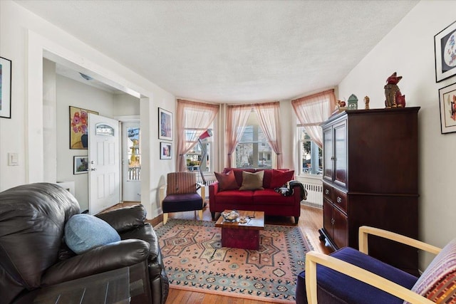 living room featuring a textured ceiling, radiator, and hardwood / wood-style flooring