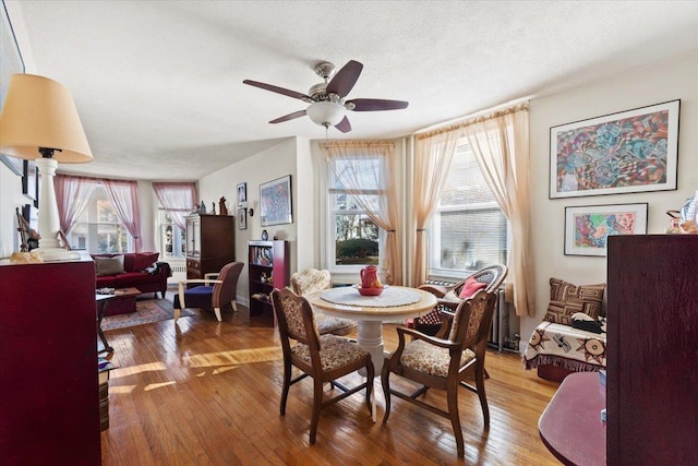 dining room with ceiling fan, a textured ceiling, and hardwood / wood-style flooring