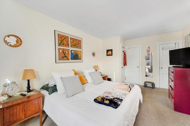 bedroom with light colored carpet