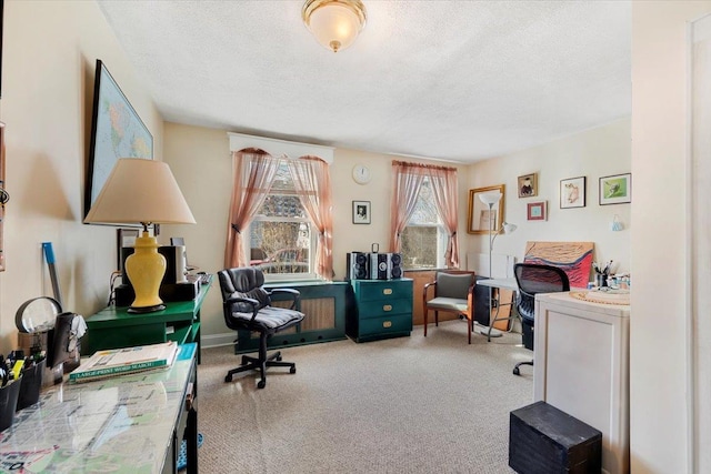 carpeted office space featuring a textured ceiling