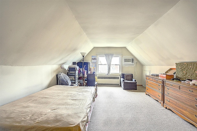 bedroom featuring light colored carpet, an AC wall unit, vaulted ceiling, and radiator