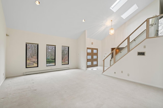 unfurnished living room featuring high vaulted ceiling, a baseboard radiator, and light carpet