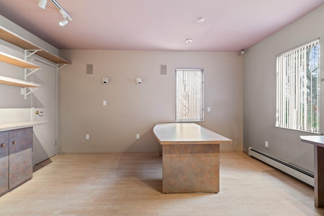 interior space featuring baseboard heating, track lighting, light wood-type flooring, and a wealth of natural light