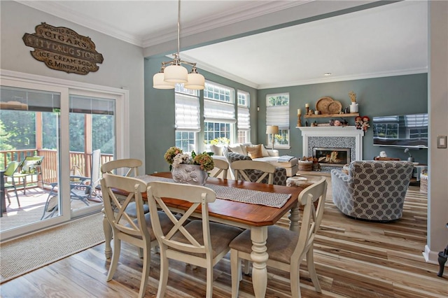 dining room featuring wood-type flooring, ornamental molding, and a wealth of natural light