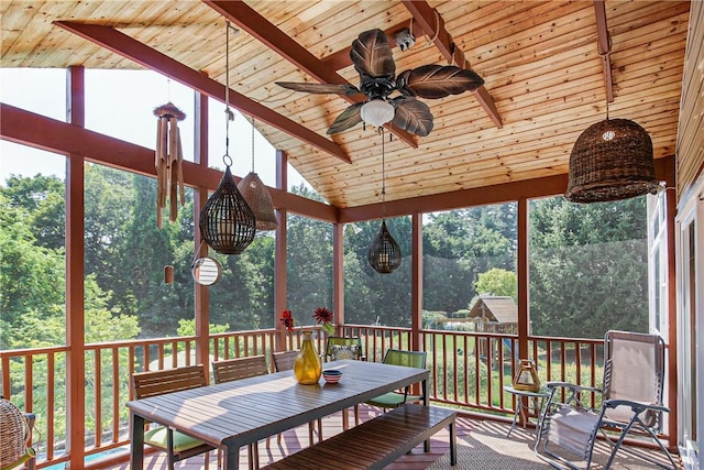 sunroom / solarium with vaulted ceiling with beams, wooden ceiling, ceiling fan, and a wealth of natural light