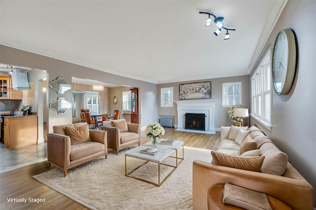 living room featuring hardwood / wood-style flooring, a healthy amount of sunlight, and crown molding