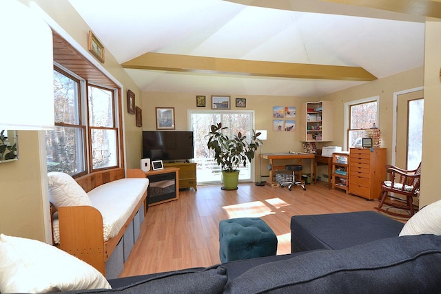 living room with vaulted ceiling and light wood-type flooring