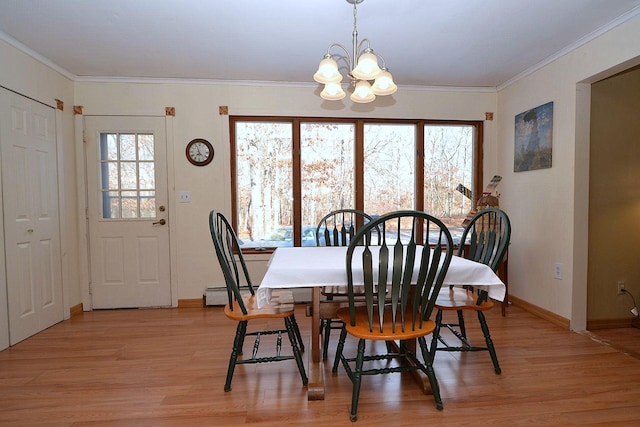 dining room featuring a notable chandelier, crown molding, light hardwood / wood-style flooring, and a baseboard radiator