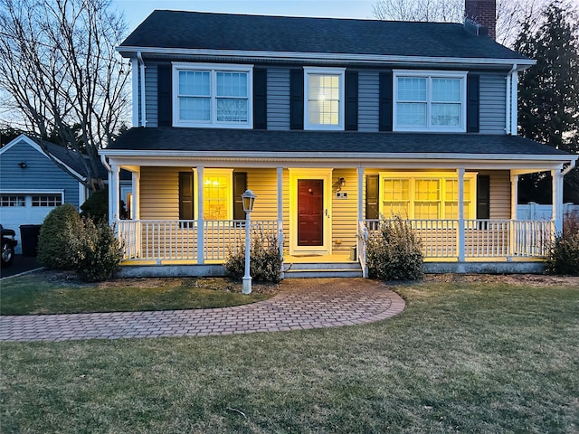 view of front facade featuring a porch, a garage, an outbuilding, and a front lawn