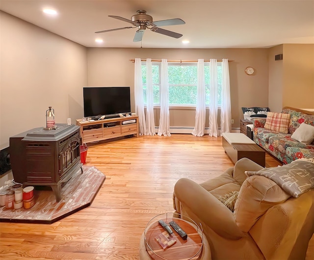 living room with ceiling fan, a wood stove, and light hardwood / wood-style flooring