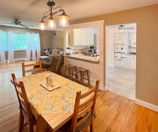 dining room with ceiling fan and light hardwood / wood-style floors