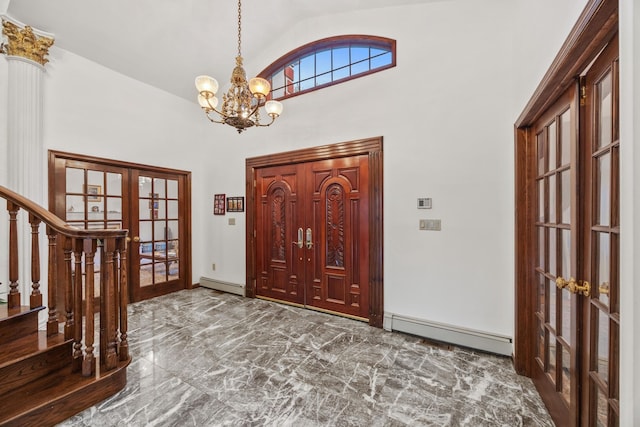 entryway featuring high vaulted ceiling, an inviting chandelier, french doors, and a baseboard radiator