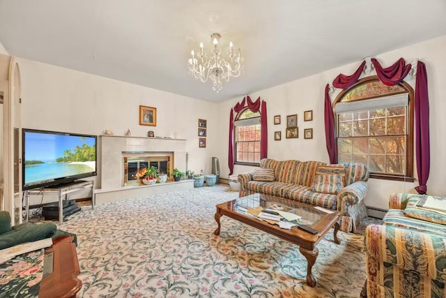 carpeted living room featuring a baseboard radiator and a chandelier