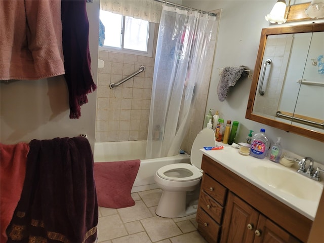 bathroom with toilet, shower / bath combination with curtain, and vanity