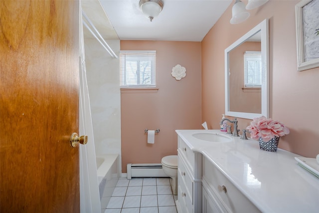 bathroom with tile patterned floors, toilet, vanity, and a baseboard heating unit